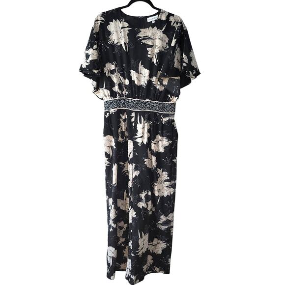 Piper & Scoot Floral Wide Leg Crew Neck Jumpsuit Flare Sleeves Women Sz L - Picture 2 of 10